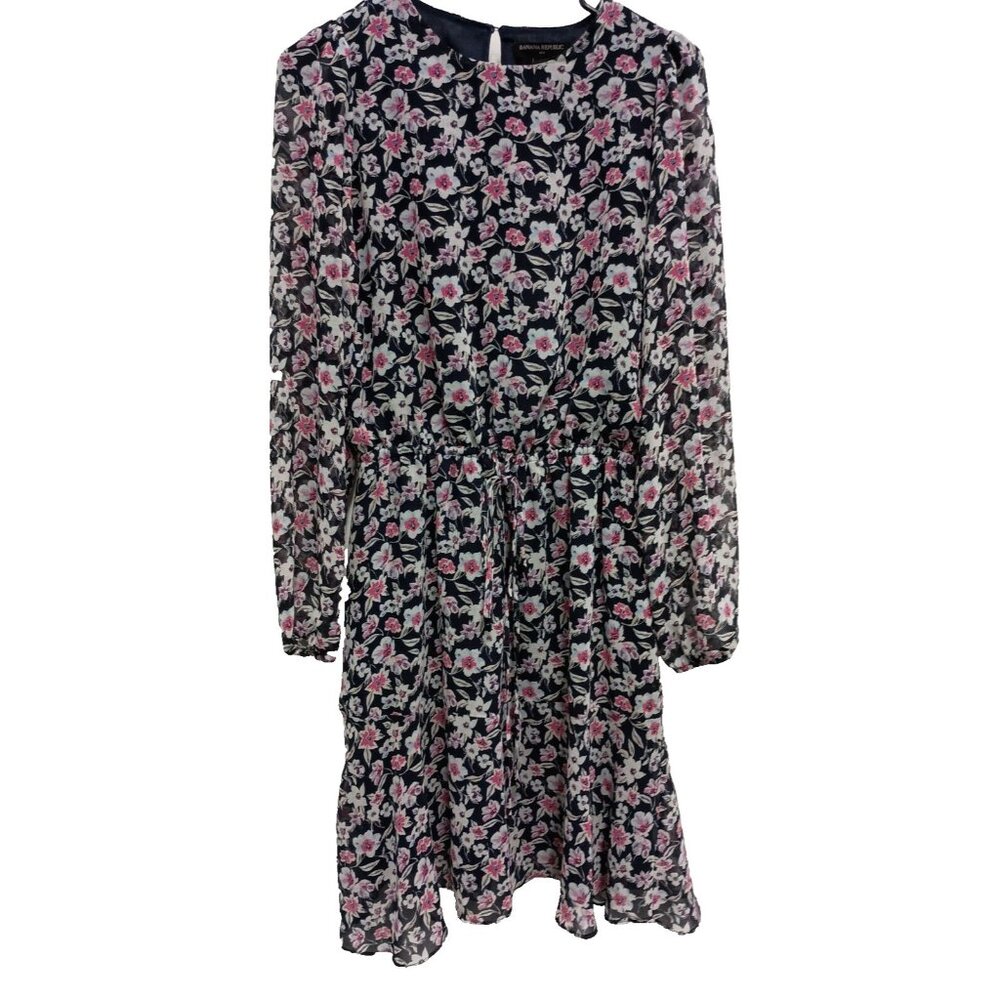 Banana Republic Womens Midi Dress Small Black Pink Floral Long Sleeve Whimsygoth